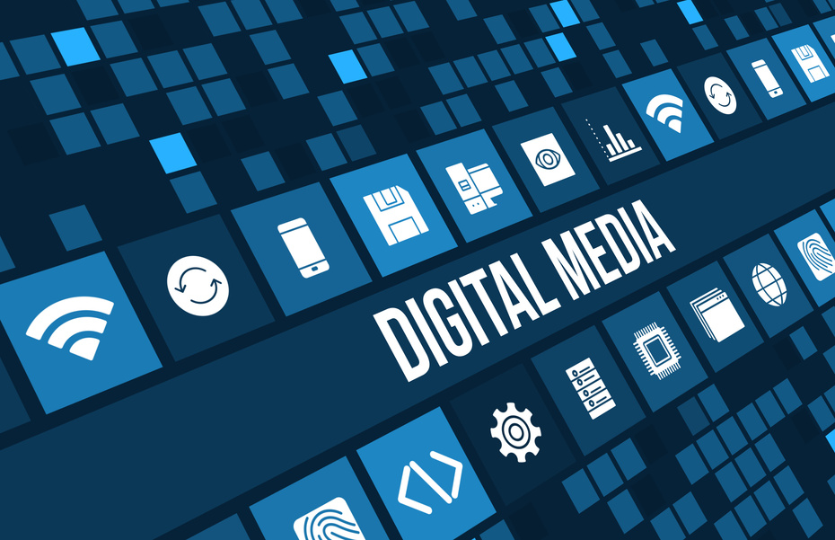 Digital media concept image with technology icons and copyspace